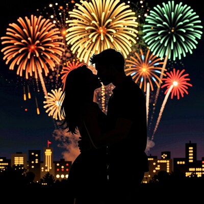 Couple Kissing Under Fireworks
