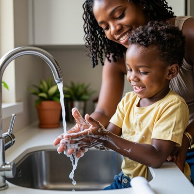 Mother teaching child handwashing