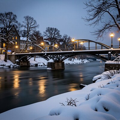 Snowy Winter Bridge at Dusk