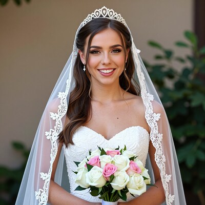 Smiling Bride with Tiara and Bouquet