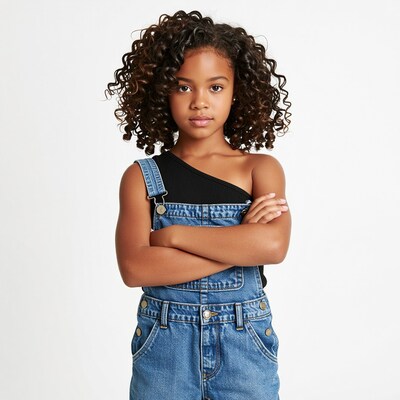 Young Black Girl in Denim Overalls