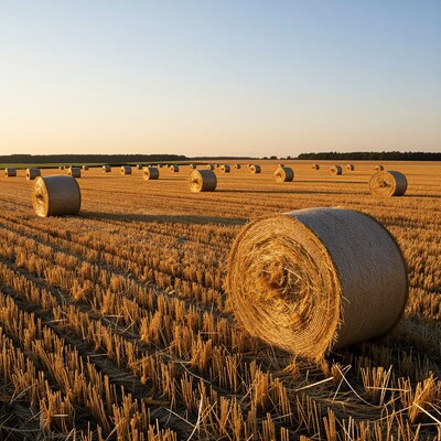 Hay bales in harvested field
