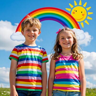 Happy kids with rainbow and sun