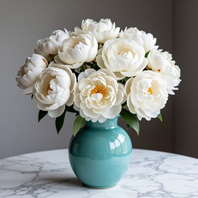 White Peonies in Turquoise Vase
