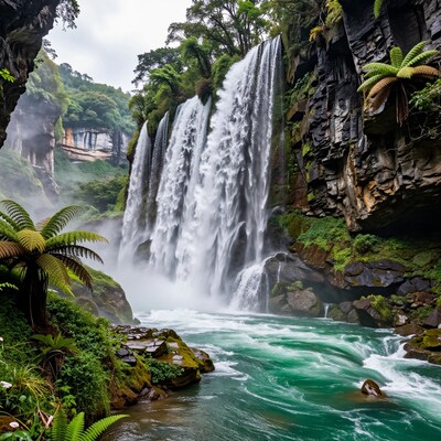 Majestic Waterfall in Lush Jungle