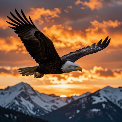Bald Eagle Flying at Sunset