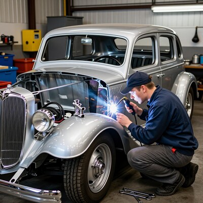 Mechanic Welding Vintage Car