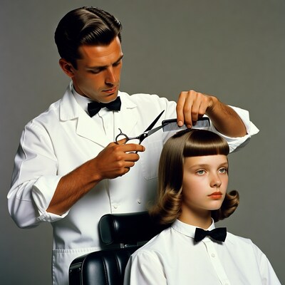 Hairdresser cutting girl's bangs