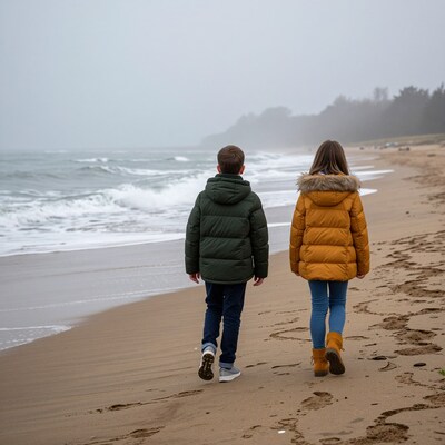 Kids walking on winter beach