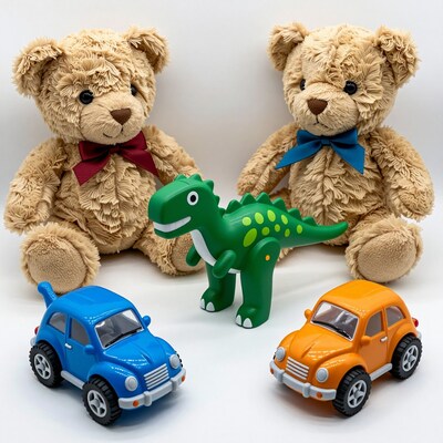 Teddy bears with dinosaur and toy cars