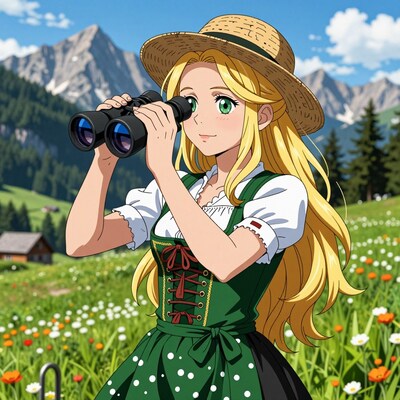 Blonde girl in dirndl with binoculars