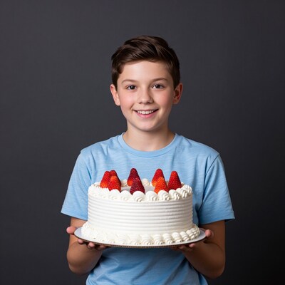Boy holding birthday cake