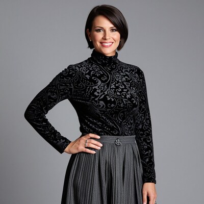 Smiling Woman in Black Velvet Top