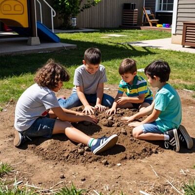 Boys playing in dirt backyard