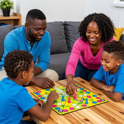 Black family playing board game