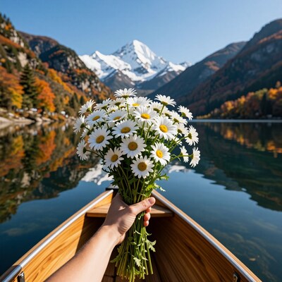 Bouquet of Daisies in Canoe on Lake