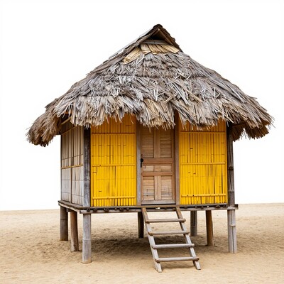 Yellow stilt hut on beach
