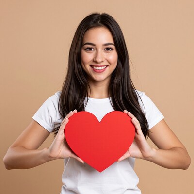 Smiling woman holding red heart