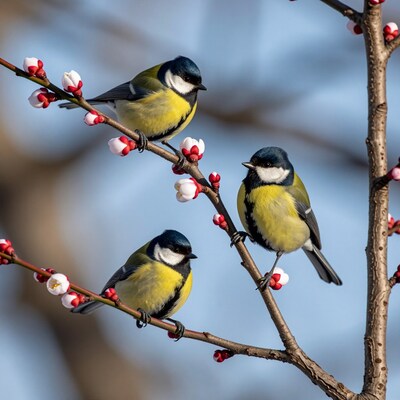 Three Blue Tits on Blossom Branch