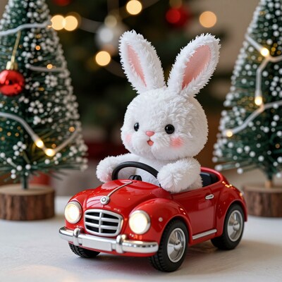 White bunny driving red toy car