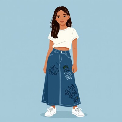 Young woman in embroidered denim skirt