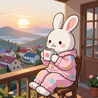 Cute Bunny in Pajamas Drinking Coffee at Sunrise