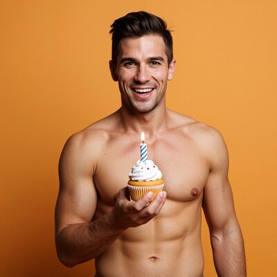 Shirtless man holding birthday cupcake