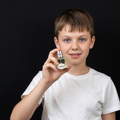 Boy holding perfume bottle