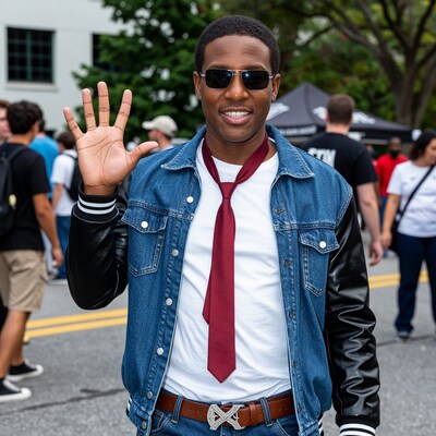 Man waving in denim jacket