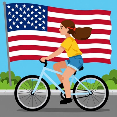 Girl riding bike with American flag