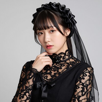 Japanese woman in black gothic lace dress