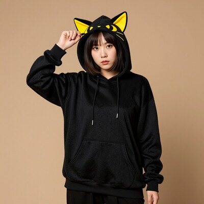 Asian woman in black cat ear hoodie