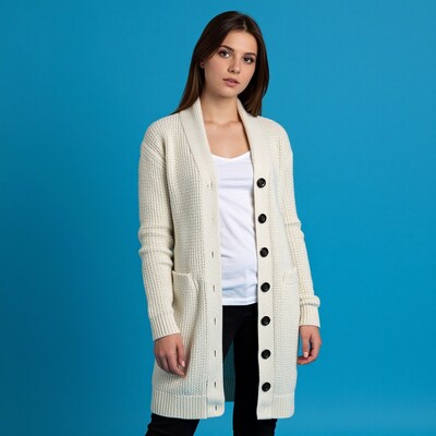 Woman in white knit cardigan