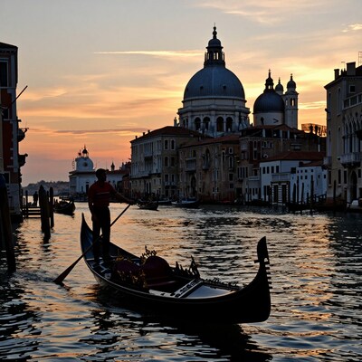 Gondolier in Venice at Sunset