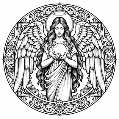 Angel with Orb Line Art