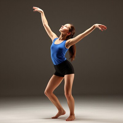 Young ballerina in blue leotard dancing