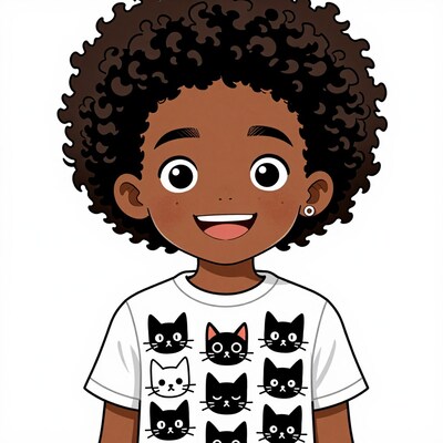 Smiling Black boy with afro and cat t-shirt