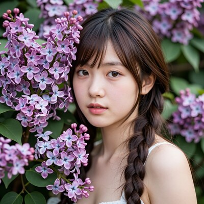 Young Asian woman with lilac flowers