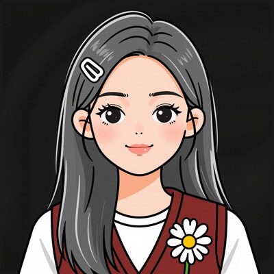 Cartoon Korean girl with gray hair