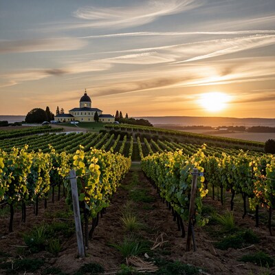 Vineyard at sunset with church