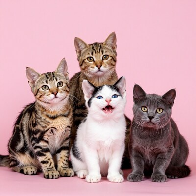 Four cute kittens on pink background
