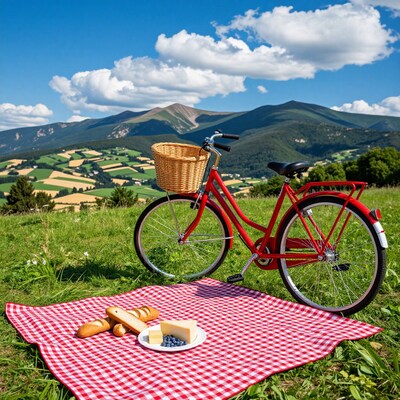 Red bicycle picnic in mountains