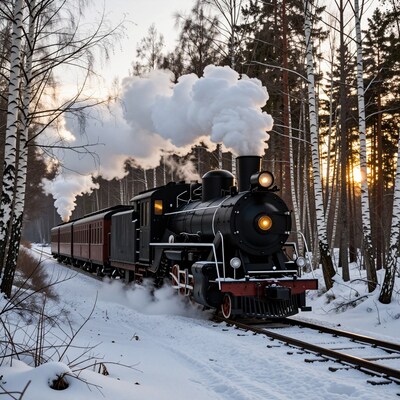 Steam train in snowy forest