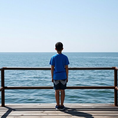 Boy gazing at ocean