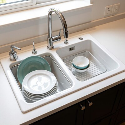 Clean dishes in kitchen sink