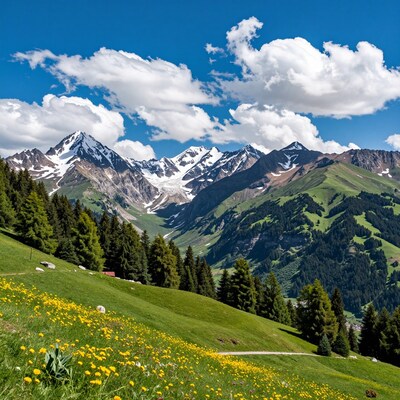 Alpine Meadow with Snowy Mountains