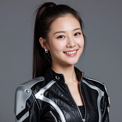 Smiling Asian Woman in Futuristic Jacket