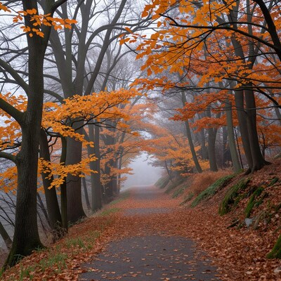 Autumn Forest Path in Fog