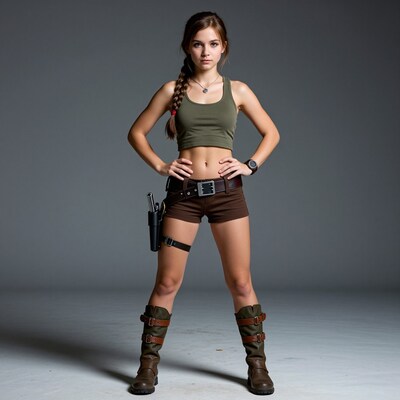Young woman in Lara Croft costume