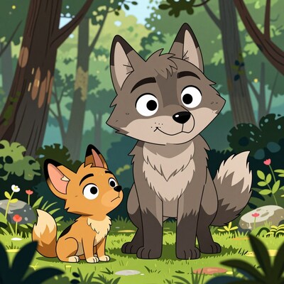 Cartoon Wolf and Fox in Forest